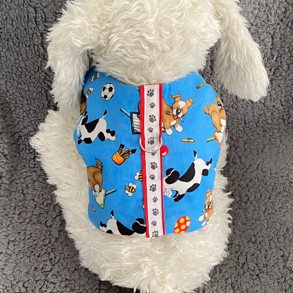 Like New- DOGS on a Blue background playing harness- handmade